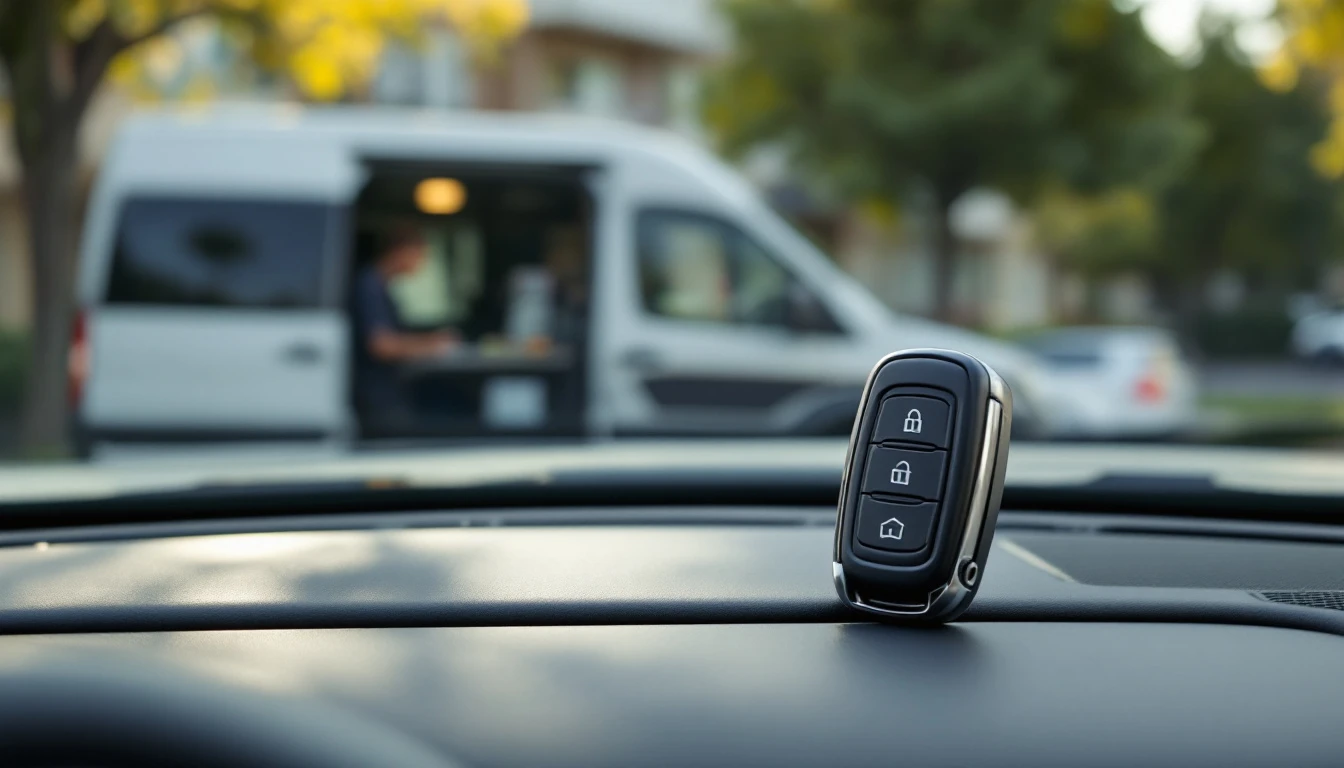 Control de llave negro con tres botones sobre el tablero de un carro, con una van de cerrajería móvil abierta al fondo en un estacionamiento residencial