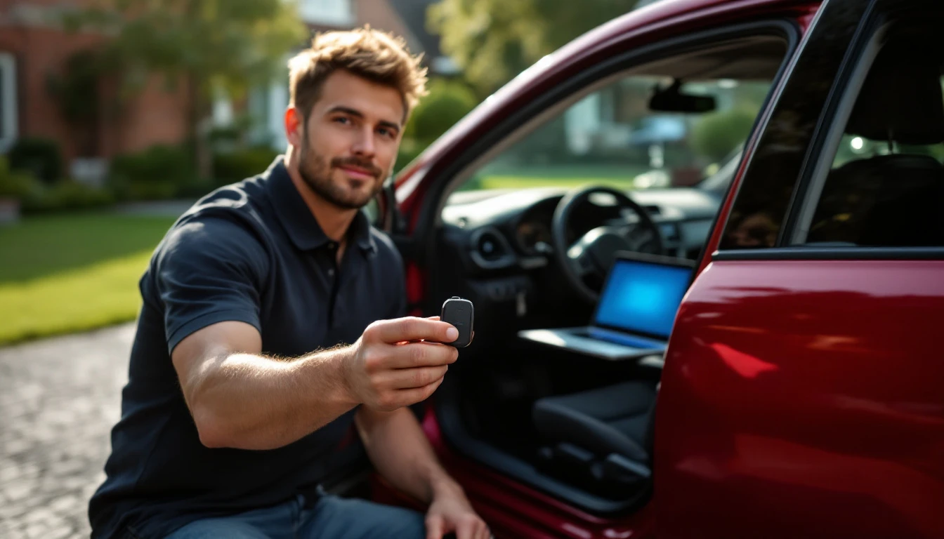Cerrajero móvil programando la smart key de un Mazda3 hatchback con la laptop apoyada en el asiento del copiloto en una calle residencial de Plano