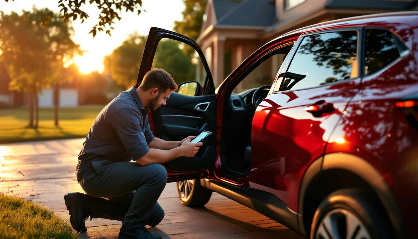 Técnico con tableta de diagnóstico conectada bajo el tablero de una camioneta Mazda CX-5 roja estacionada frente a una casa suburbana de Plano al atardecer