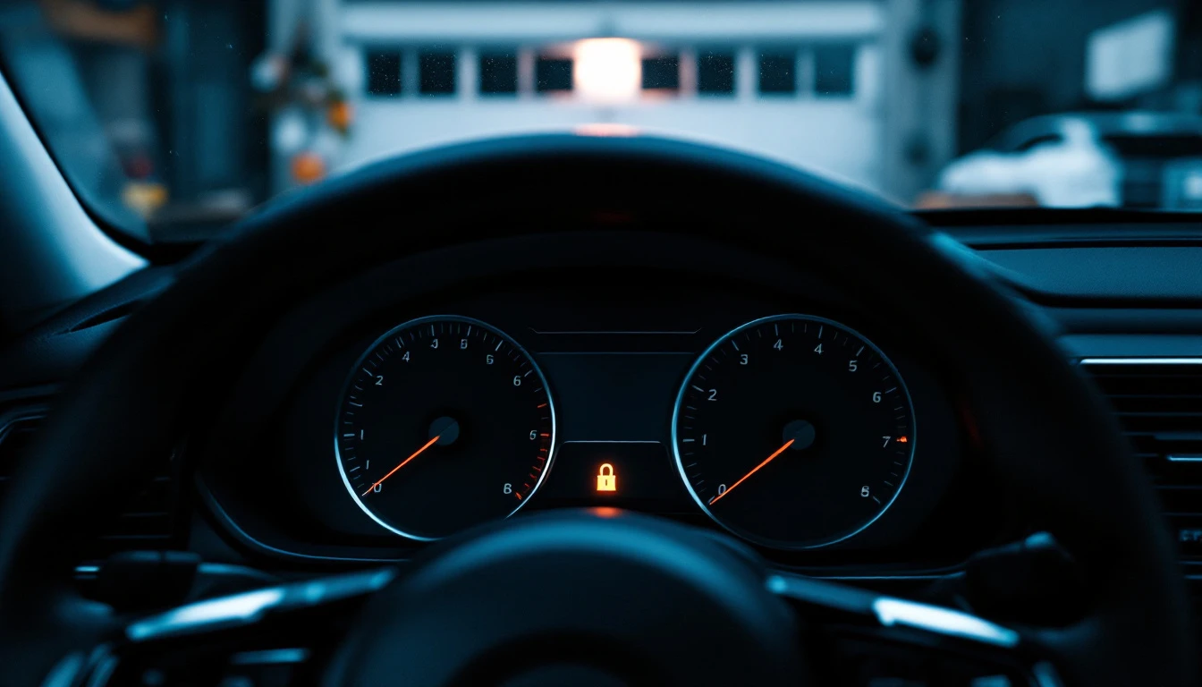Tablero de una SUV compacta con la luz ámbar del inmovilizador encendida entre los relojes, vista entre los radios del volante, en una cochera de Plano