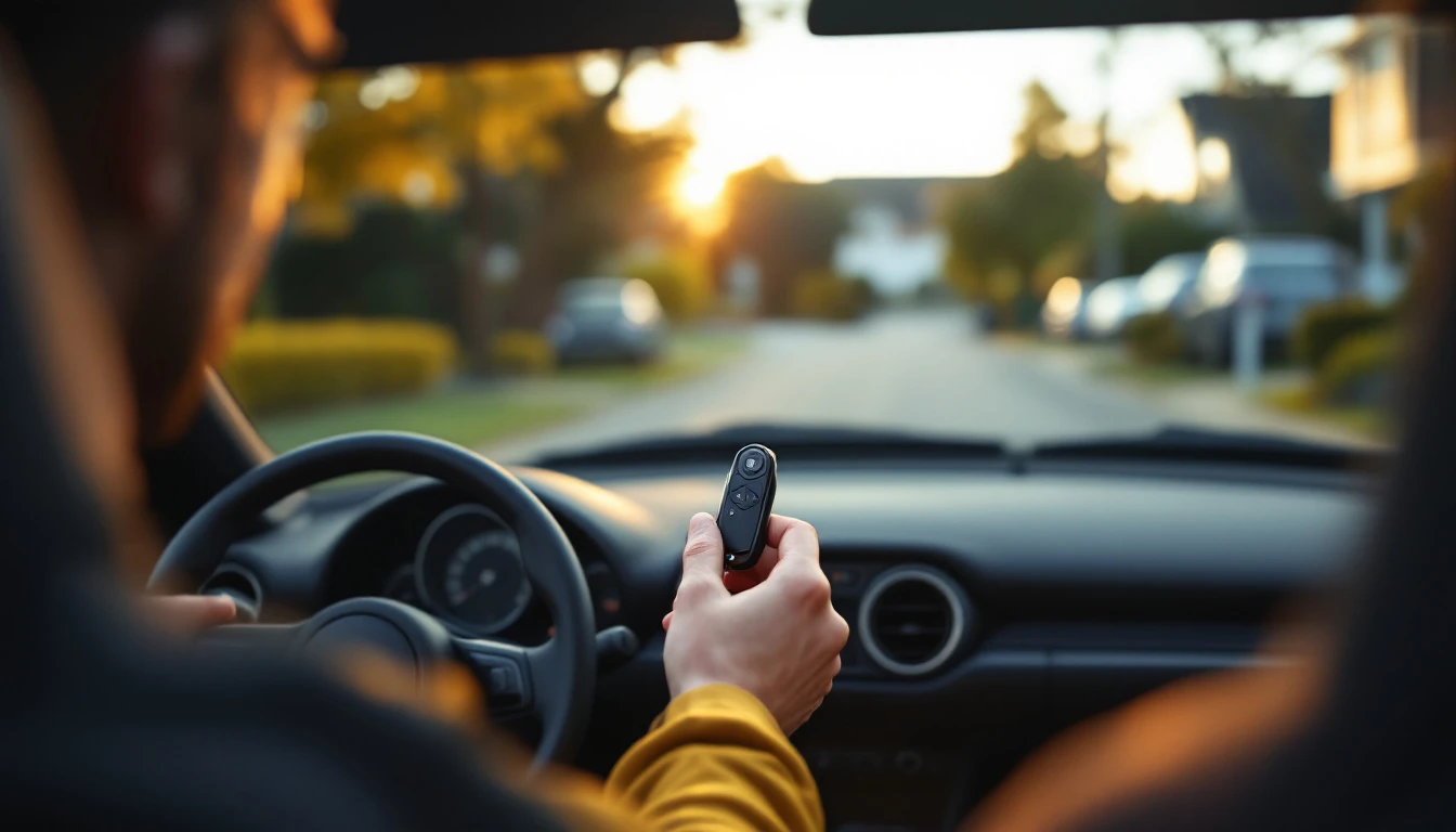 Llave metálica insertada en el switch de encendido de un roadster convertible con la capota abierta, estacionado dentro de un garaje residencial