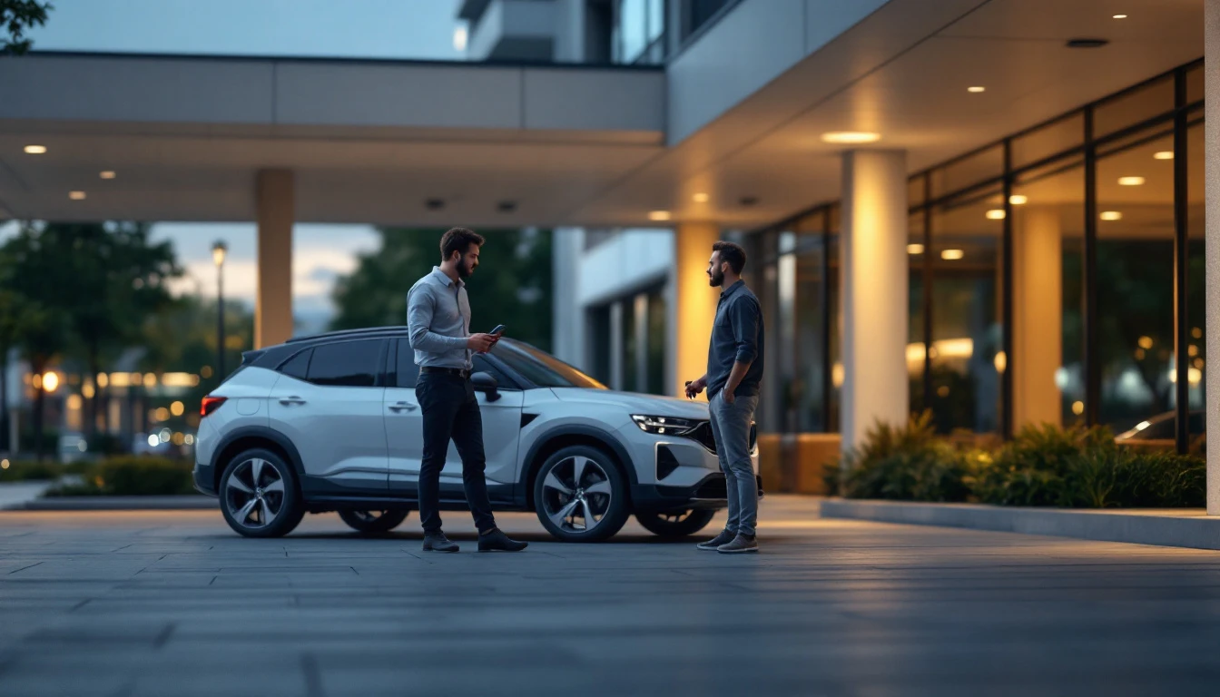 Cerrajero automotriz programando la llave de proximidad de un Audi Q3 en Legacy West, junto al Dallas North Tollway en Plano
