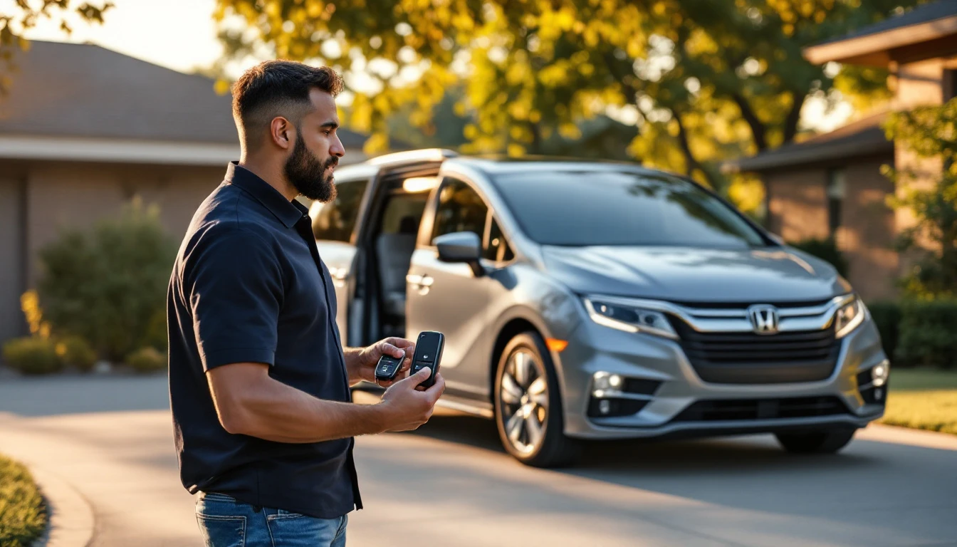 Cerrajero móvil programando la llave de repuesto de una Honda Odyssey en un estacionamiento de West Plano