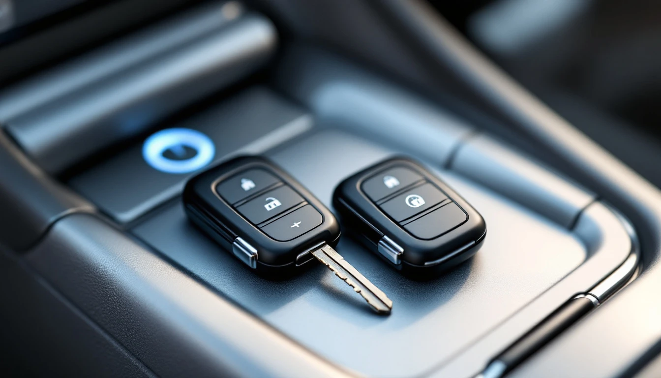 Dos controles de proximidad negros sobre la consola de un carro híbrido, uno con la hoja metálica de emergencia afuera, y un botón de encendido azul al fondo