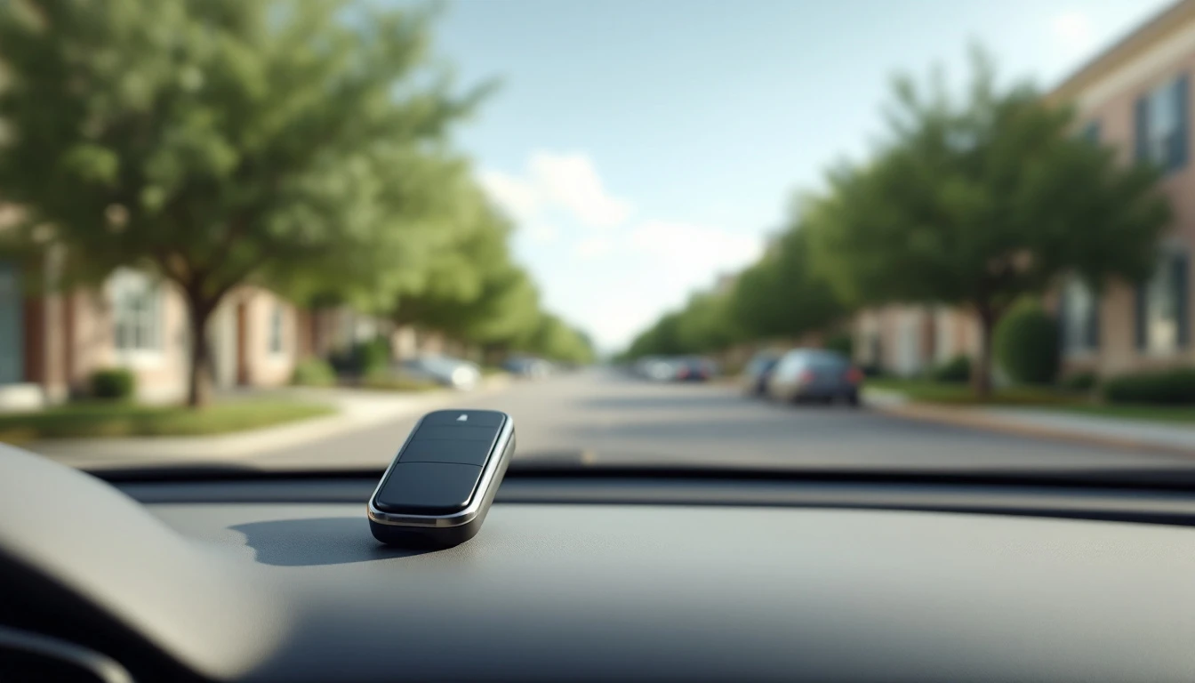 Smart key de proximidad sobre el tablero de una SUV grande de tres filas, con una calle residencial de Plano desenfocada a través del parabrisas