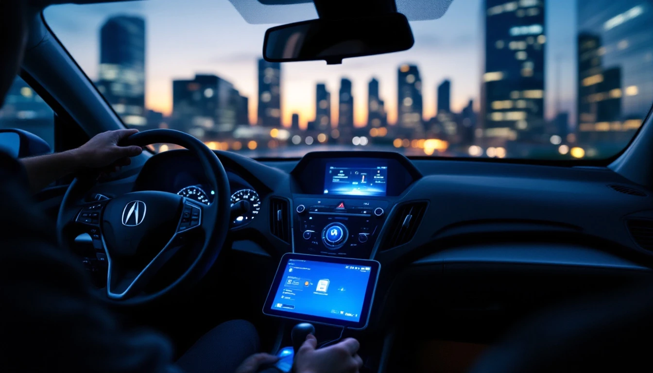 Cerrajero conectando un programador OBD a un Acura RDX estacionado cerca de Legacy West en Plano