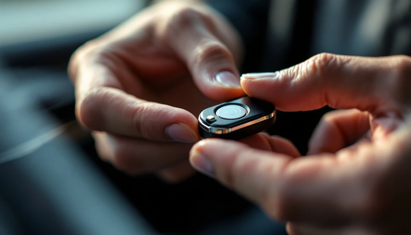 Primer plano de dos manos sosteniendo un key fob de proximidad negro dentro de un vehículo