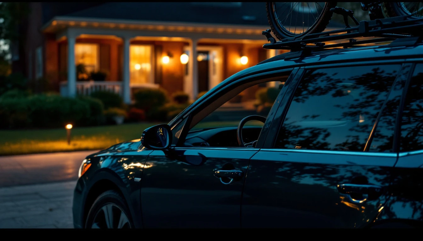 Subaru Outback verde oscuro con portabicicletas en el techo estacionada en la entrada de una casa de ladrillo en Plano al anochecer, con las luces del porche encendidas