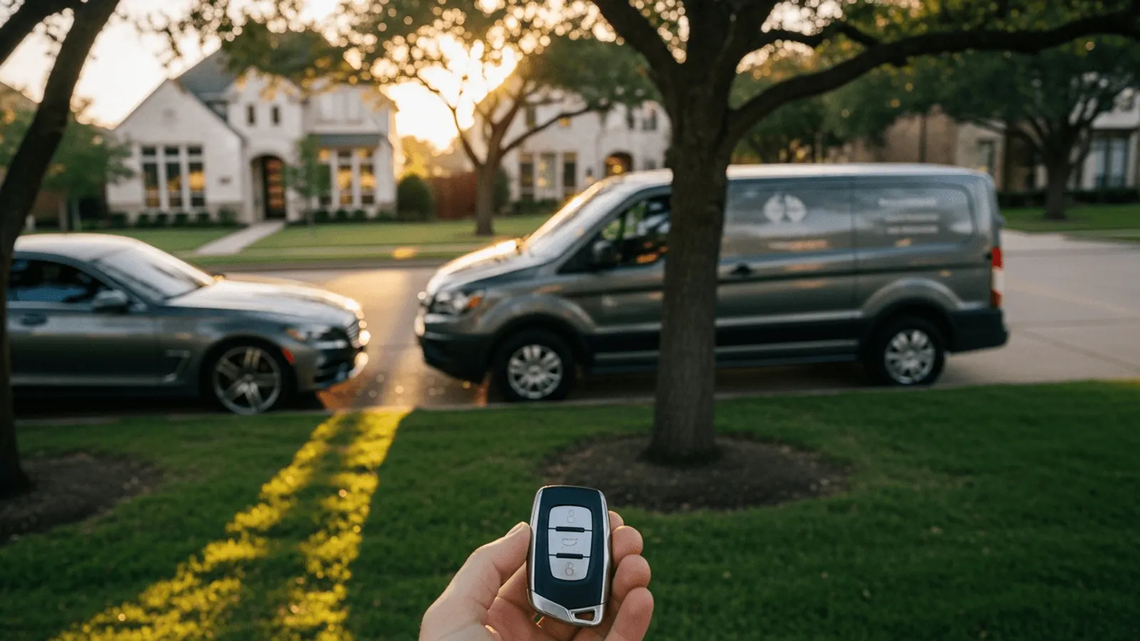 Cerrajero automotriz movil en Plano sosteniendo una llave inteligente programada al lado de una unidad de servicio en una calle residencial al atardecer